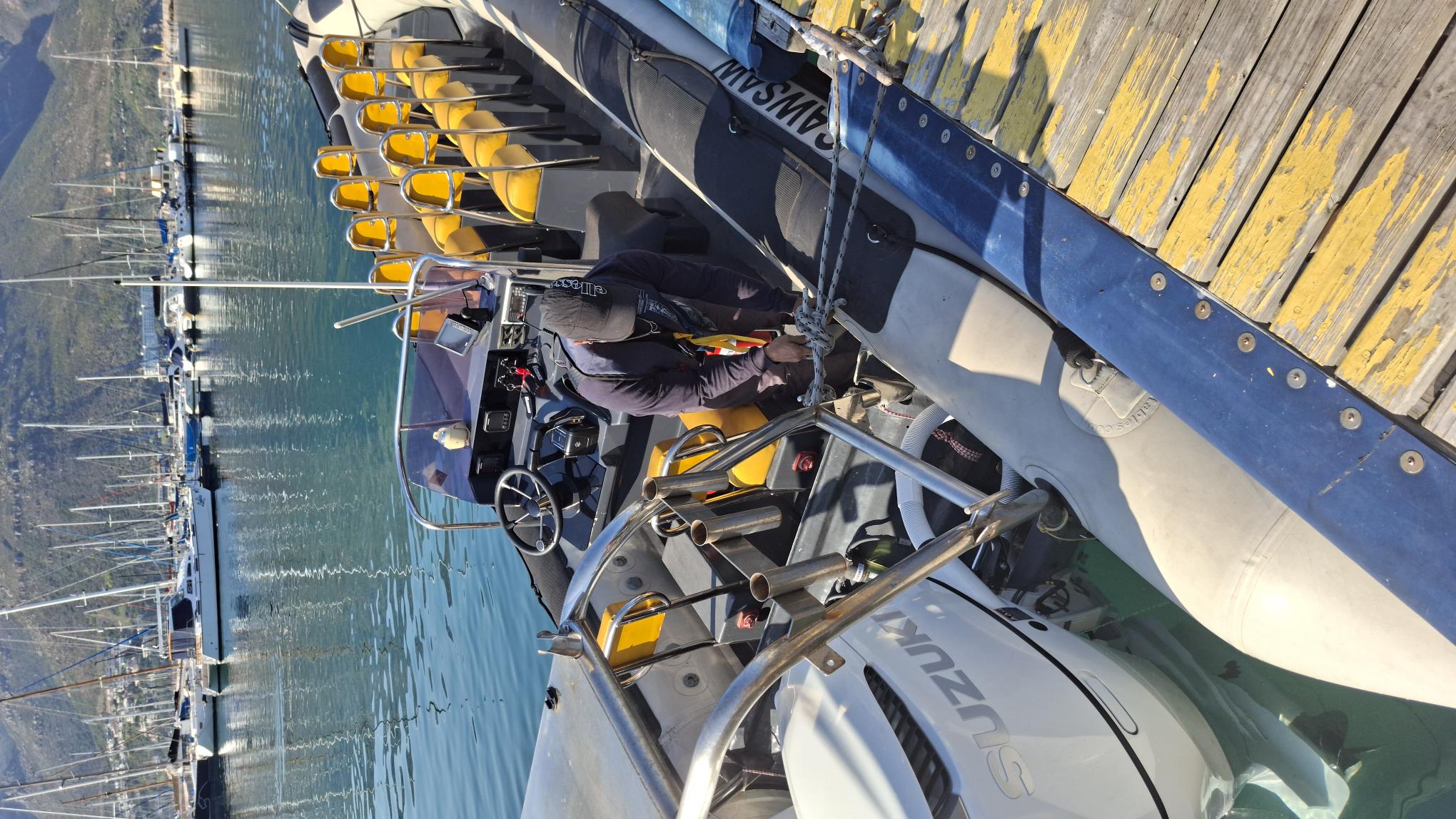 The skipper readying Cawsaw, our 8.5m semi-rigid with twin Suzuki 200 outboards